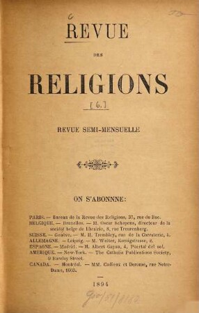 Revue des religions : revue semi-mensuelle. [6]. 1894