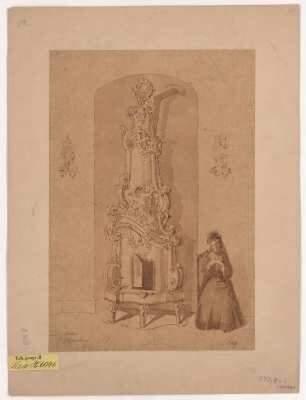 Weesenstein, Jagdpavillon, Ofen, Ansicht : Weesenstein, Jagdpavillon oder Belvedere, Ofen, Ansicht, Richard Steche, vor 1893. Feder/Transparentpapier. 40,8 x 30,7 cm (Blatt), 31,6 x 21,6 cm (aufgeklebte Zeichnung). Bez.: "Jagdschlösschen Wesenstein Steche".
