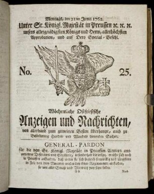 No. 25. Montags, den 21ten Junii 1762.