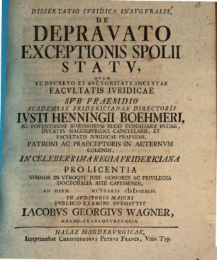 Diss. iur. inaug. de depravato exceptionis spolii statu