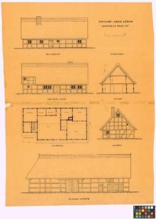 Jamund (Kreis Köslin): Kossätenhof Ernst Ott. - Wohnhaus (Süd-Seiten-Ansicht, Hof-[Nord-]Seiten-Ansicht, Querschnitt, Grundriss, Ost-Giebel-Ansicht). - Scheune (Hof-Seiten-Ansicht)