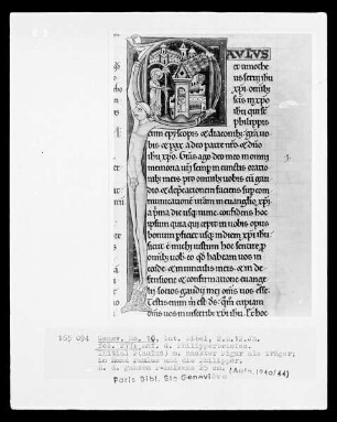 Bibel des Manerius Teil 3 — Anfang des Philipperbriefs mit Initiale P(aulus) mit Paulus und nackter Figur, Folio 277