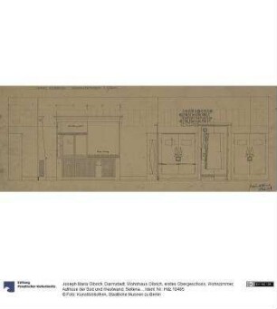 Darmstadt, Wohnhaus Olbrich, erstes Obergeschoss, Wohnzimmer, Aufrisse der Süd und Westwand, Seitenansicht der Fensterverkleidung der Südwand sowie der Schränke der Ostwand