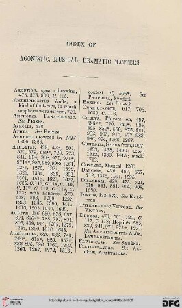 Index of agonistic, musical, dramatic matters