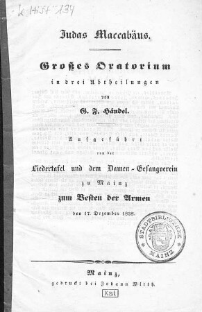 Judas Maccabäus : Großes Oratorium in drei Abtheilungen