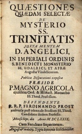 Quaestiones Quaedam Selectae De Mysterio SS. Trinitatis Juxta Mentem D. Angelici