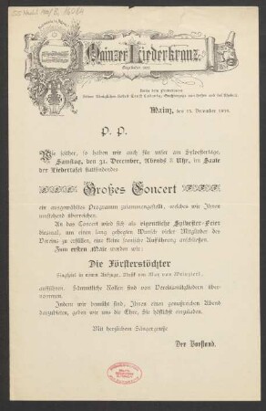 Brief an Ludwig Strecker , Mainzer Liedertafel und Damengesangverein : 15.12.1898