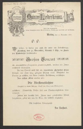 Brief an Ludwig Strecker <senior>, Mainzer Liedertafel und Damengesangverein : 15.12.1898