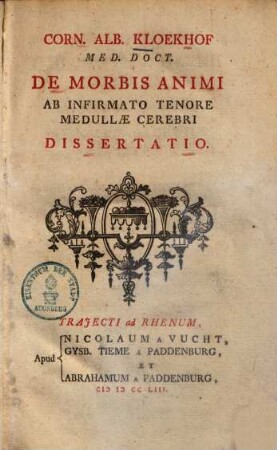 De Morbis Animi Ab Infirmato Tenore Medullae Cerebri Dissertatio
