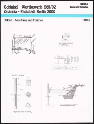 Museumshafen im Humboldthafen, Berlin Schinkelwettbewerb 1992: Dalben - Anordnung und Funktion: Lageplan, Schnitt durch die Hafenböschung an der Ladestraße, Schnitt, Ansicht und Detail Querschnitt des Dalbens, Berechnung