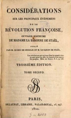 Considérations sur les principaux événemens de la révolution françoise : ouvrage posthume, 2