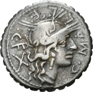 Denar serratus der Kolonie Narbo/Narbonne mit Darstellung eines Kriegers in einer Biga