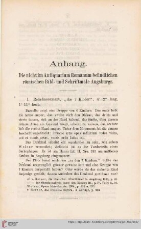 Anhang: Die nicht im Antiquarium Romanum befindlichen römischen Bild- und Schriftmale Augburgs