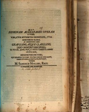 Benignam auscultandi operam ... duo nostri discipuli d. VII. Cal. Iun. memoriter dicturi ... petunt ... : [Programma invitatorium, quo de schola Spiritus S. disseritur]
