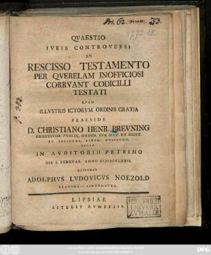 Qvaestio Ivris Controversi An Rescisso Testamento Per Qverelam Inofficiosi Corrvant Codicilli Testati