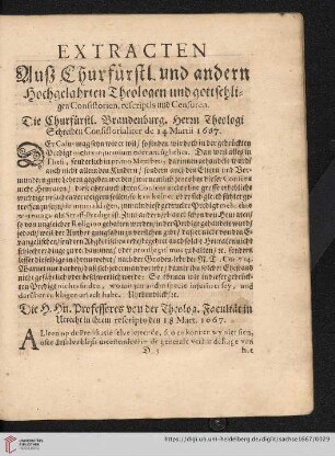 Extracten auß Churfürstl. und andern Hochgelahrten Theologen und gottsehligen Consistorien, rescriptis und Censuren