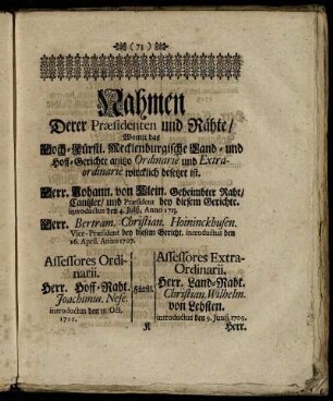 Nahmen Derer Præsidenten und Räthe/ ...
