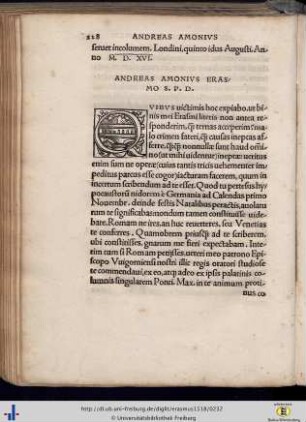 Andreas Ammonius nuncius apud Anglos Apostolicus, ad Erasmum.