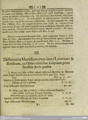III. Differentia Meridianorum inter Lutetiam & Berolinum, ex Observationibus Eclipsium primi Satellitis Jovis quaesita