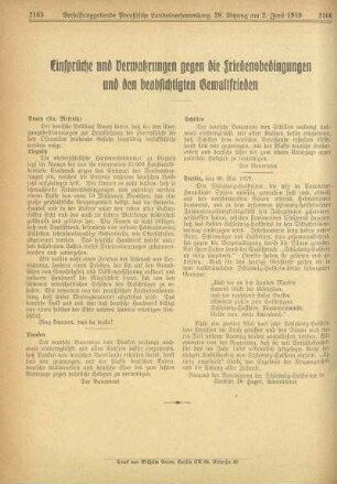 Einsprüche und Verwahrungen gegen die Friedensbedingungen und den beabsichtigen Gewaltfrieden