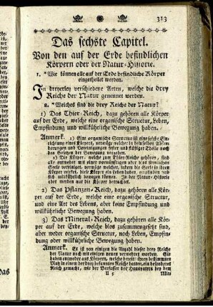 Das sechste Capitel. Von den auf der Erde befindlichen Körpern oder der Natur-Historie.