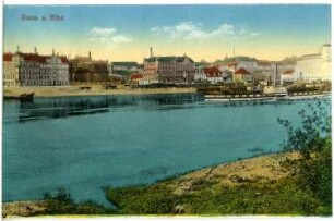 Riesa. Blick auf Riesa mit Elbe u. Dampfer Pillnitz