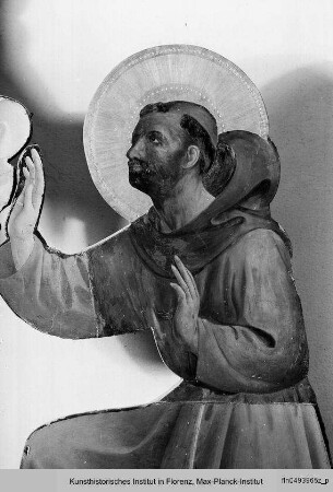 Christus am Kreuz mit den Heiligen Nikolaus von Bari und Franziskus