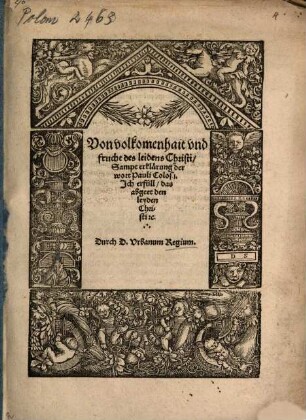 Von volkomenhait vnd frucht des leidens Christi, Sampt erklaerung der wort Pauli Colos. 1. Jch erfüll, das abgeet den leyden Christi [et]c.