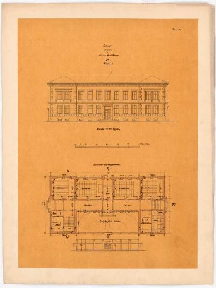 Bürgerschulhaus, Preußisch Friedland: Grundriss EG, Aufriss Ostseite