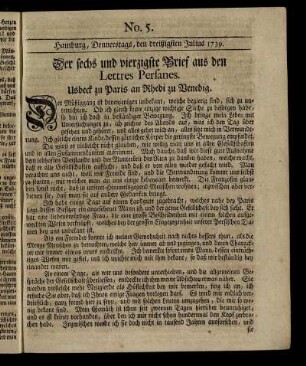 No. 5. Hamburg, Donnerstags, den dreißigsten Julius 1739.