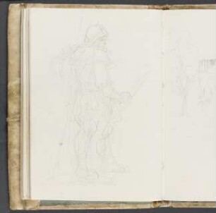 Skizze eines Ritters mit Lanze und Speer im rechten Profil