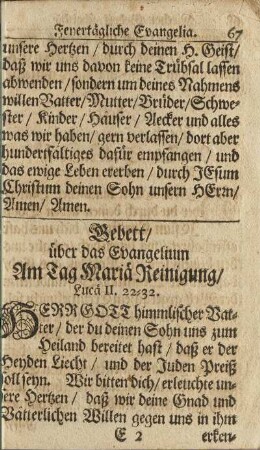 Gebett/ über das Evangelium Am Tag Mariä Reinigung/ ...