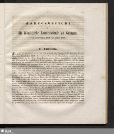 Jahresbericht über die Königliche Landesschule zu Grimma. Vom September 1846 bis dahin 1847