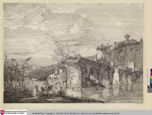 [Große italienische Landschaft mit der Ruine einer Brücke]