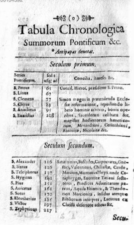 Tabula Chronologica Summorum Pontificum & c.
