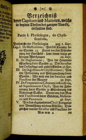Verzeichniß derer Capitum und Materien, welche in beyden Theilen des gantzen Wercks, enthalten sind.