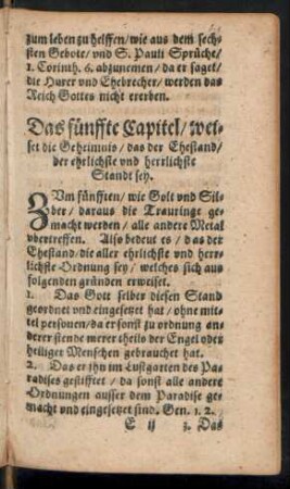 Das fünffte Capitel/ weiset die Geheimnis/ das der Ehestand der ehrlichste und herrlichste Standt sey.