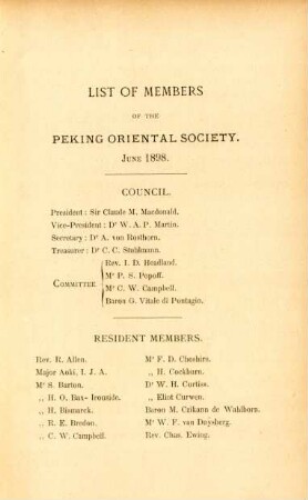 List of members of the Peking Oriental Society. June 1898