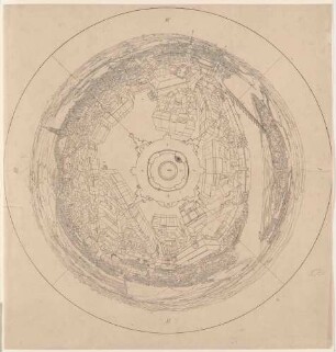 Schematische Darstellung der Rundumsicht oder des Rundpanoramas von Dresden von der Kuppel der Frauenkirche mit den Ziffern für die Legende