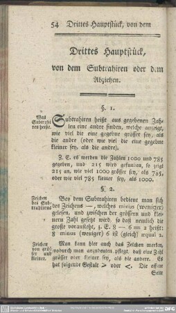 Drittes Hauptstück, von dem Subtrahiren oder dem Abziehen