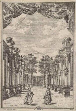 Bühnenbild für die Oper „Teodosio il Giovane“ von Filippo Amadei im Teatro Ottoboni des Palazzo della Cancelleria in Rom im Jahr 1711 (Akt 2, Szene 8: Atenaide und Acrisia in einem Hof des kaiserlichen Palasts)