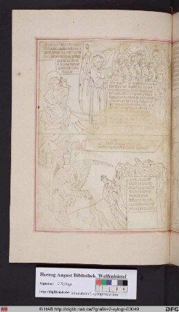 Oben: Johannes und die Verteilung der sieben goldenen Gefäße an die Engel. Unten: Die Ausgießung des ersten Gefäßes.