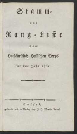1801: Stamm- und Rang-Liste vom Hochfürstlich Hessischen Corps