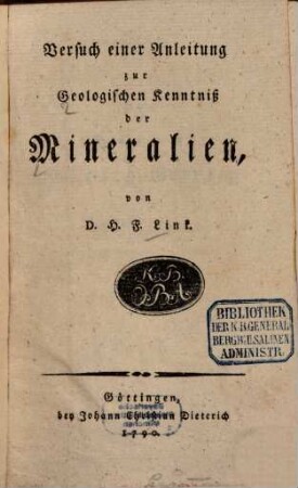 Versuch einer Anleitung zur Geologischen Kenntniß der Mineralien