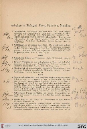 Arbeiten in Steingut, Thon, Fayence, Majolika (Nr. 1-29)