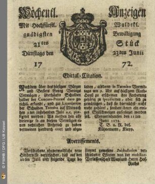 21tes Stueck, Dienstags den 23ten Junii 1772