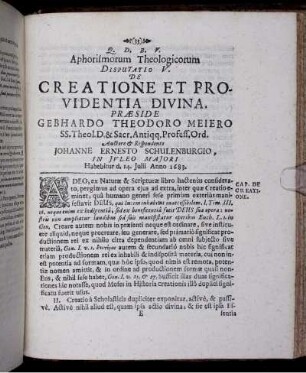 Aphorismorum Theologicorum Disputatio V. De Creatione Et Providentia Divina