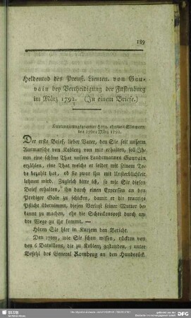 Heldentod des Preuß. Lieuten. von Gauvain bey Vertheidigung der Fustenburg im März 1792. (in einem Briefe)