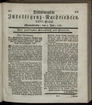 XXVII. Stück. Sonnabends: den 7. Julii 1781.