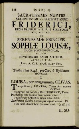Sacritissimis nuptiis augustissimi et potentissimi Friderici, regis Prussiæ et S. R. J. Electoris etc...